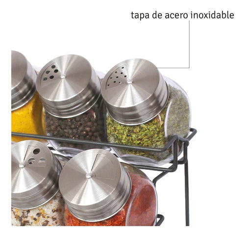Rack Especiero 6 Jarros con Tapa De Acero Inoxidable Plateado