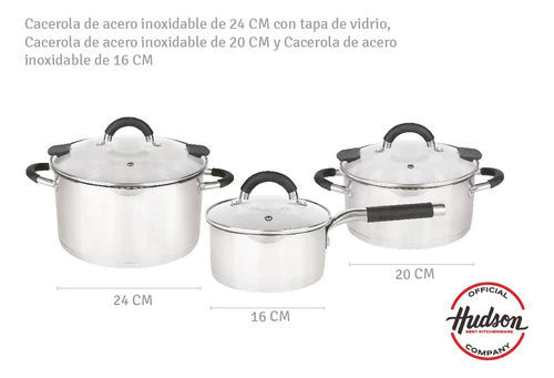 Set Bateria 6 Piezas + Cafetera Italiana Linea Hudson Acero