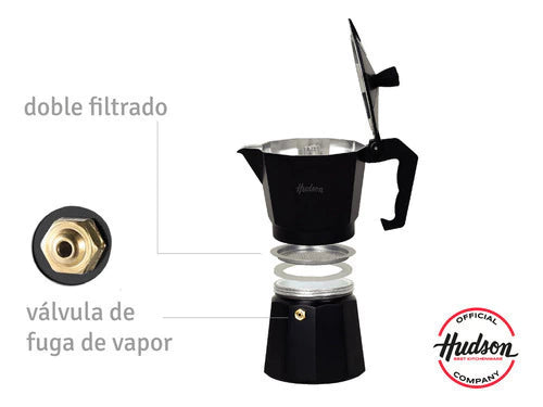 Set Cafetera Italiana + 2 Platos + 2 Pocillos Cerámica Total Black