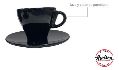 Set Cafetera Italiana + 2 Platos + 2 Pocillos Cerámica Total Black