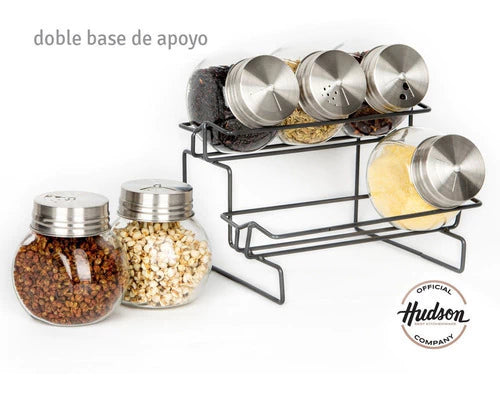 Rack Especiero 6 Jarros con Tapa De Acero Inoxidable Plateado