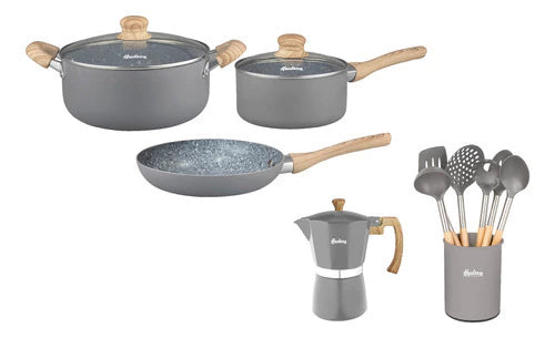 Batería de Aluminio Granito c/ Antiadherente + Utensilios + Cafetera