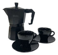 Set Cafetera Italiana + 2 Platos + 2 Pocillos Cerámica Total Black