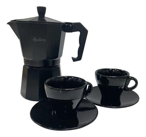 Set Cafetera Italiana + 2 Platos + 2 Pocillos Cerámica Total Black