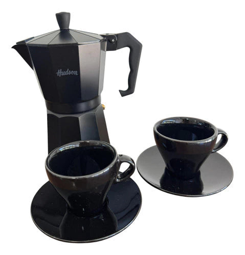 Set Cafetera Italiana + 2 Platos + 2 Pocillos Cerámica Total Black