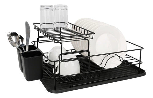 Escurridor De Platos Metal Esmaltado Negro 2 Pisos