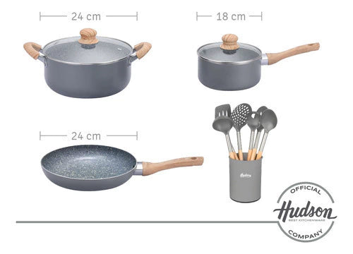 Batería Granito de Aluminio de 5 Piezas + Utensilios Madera