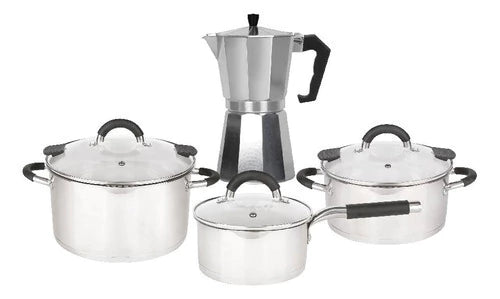 Set Bateria 6 Piezas + Cafetera Italiana Linea Hudson Acero