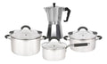 Set Bateria 6 Piezas + Cafetera Italiana Linea Hudson Acero