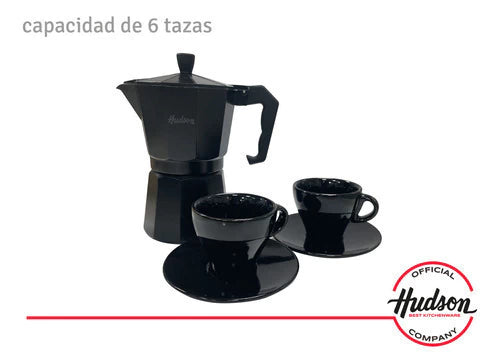 Set Cafetera Italiana + 2 Platos + 2 Pocillos Cerámica Total Black