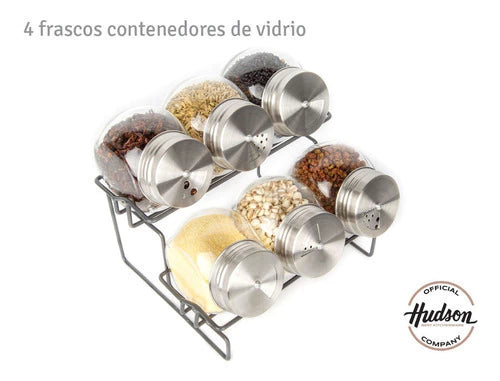 Rack Especiero 6 Jarros con Tapa De Acero Inoxidable Plateado