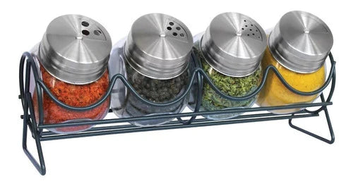 Rack Especiero de 4 Jarros con Tapa de Acero Inoxidable Plateado
