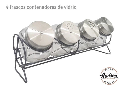 Rack Especiero de 4 Jarros con Tapa de Acero Inoxidable Plateado