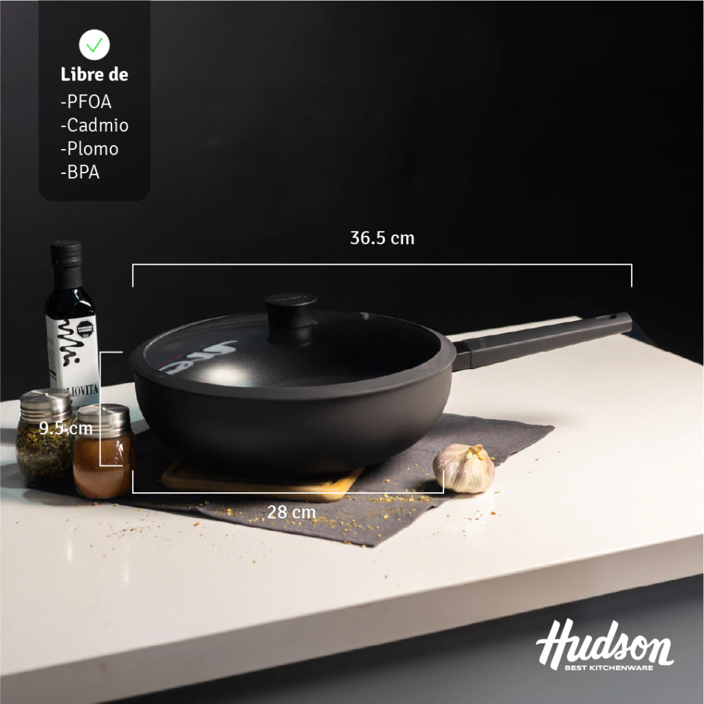 Wok de 28 cm Alumino c/ Antiadherente Tapa de Vidrio Negro Dayli