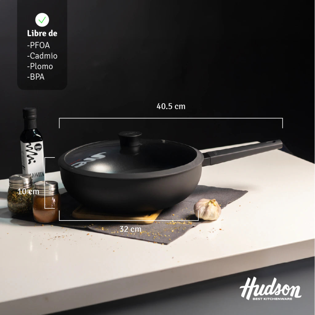 Wok de 32 cm Alumino c/ Antiadherente Negro + Tapa de Vidrio Dayli