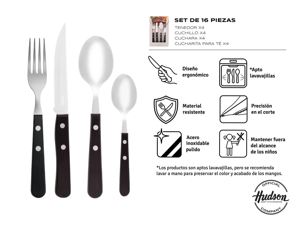 Set x16 Cubiertos Daily de Acero Inoxidable + Mango Negro de Plástico