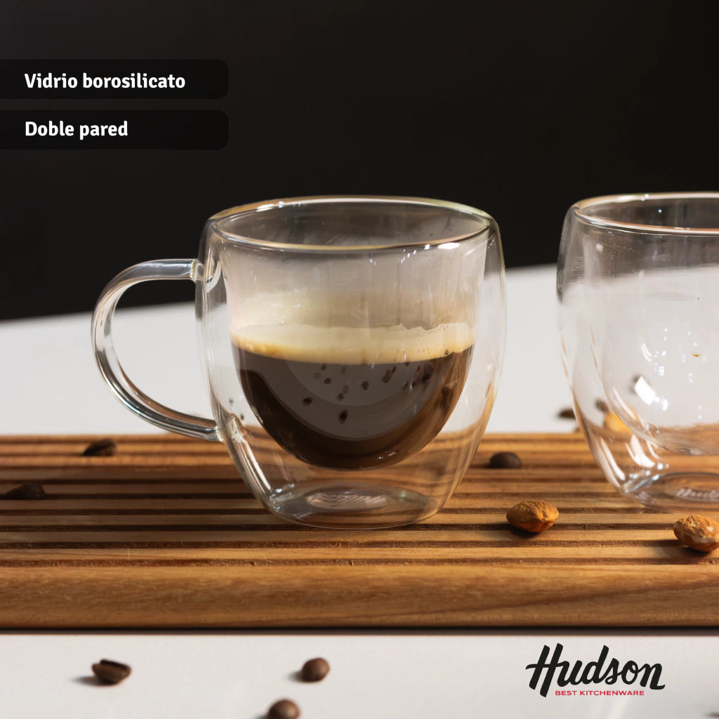 Set 2 Vasos Con Asa Doble Pared De Vidrio Línea Café