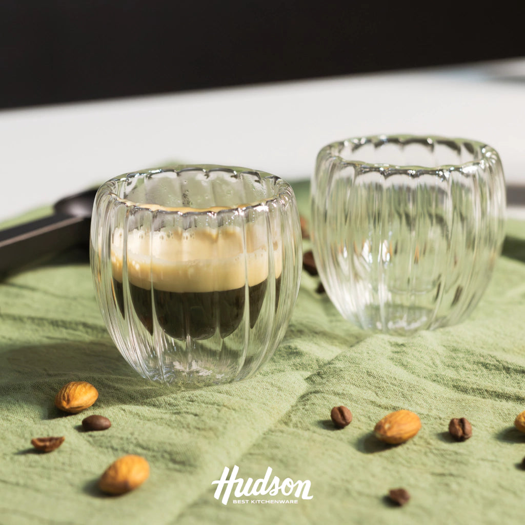 Set 2 Vasos 80 ml Doble Pared De Vidrio Rayado Café
