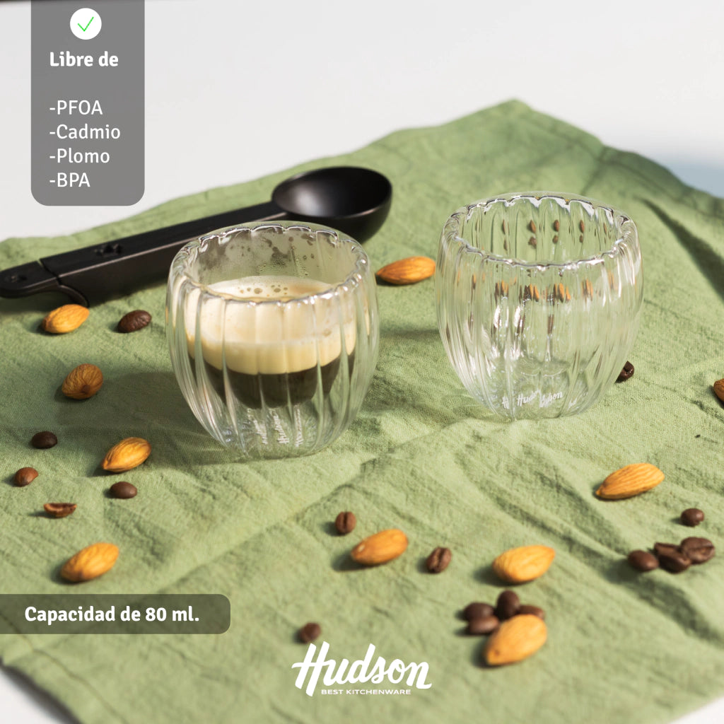 Set 2 Vasos 80 ml Doble Pared De Vidrio Rayado Café