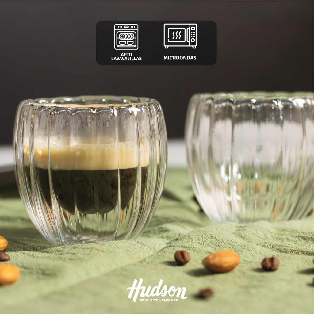 Set 2 Vasos 80 ml Doble Pared De Vidrio Rayado Café