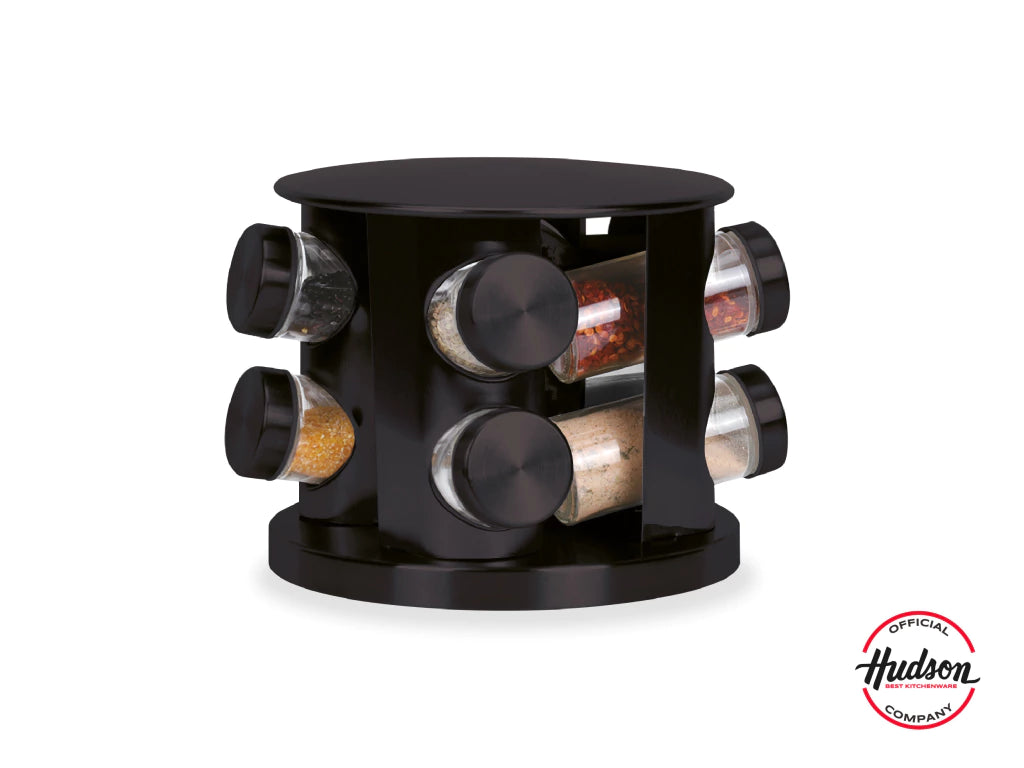Especiero Negro Giratorio de Acero Inoxidable con 8 Frascos Organizador de Cocina