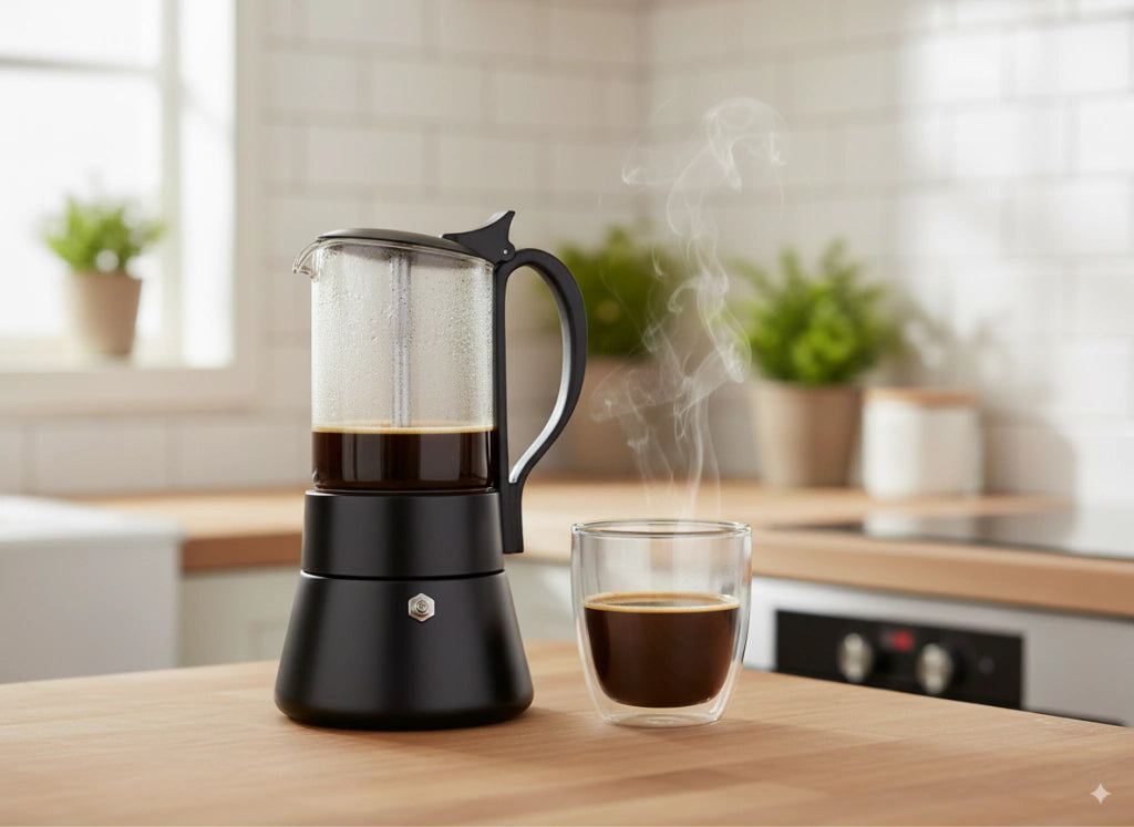 Cafetera Italiana Acero Inoxidable Y Vidrio Inducción p/ 6 pocillos