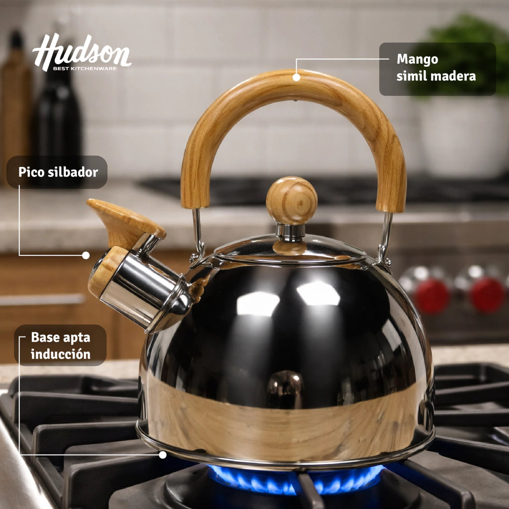 Pava Acero Inoxidable 1.5 L Pico Silbador Mango Madera