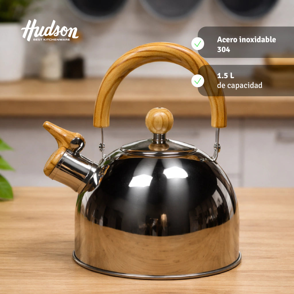 Pava Acero Inoxidable 1.5 L Pico Silbador Mango Madera