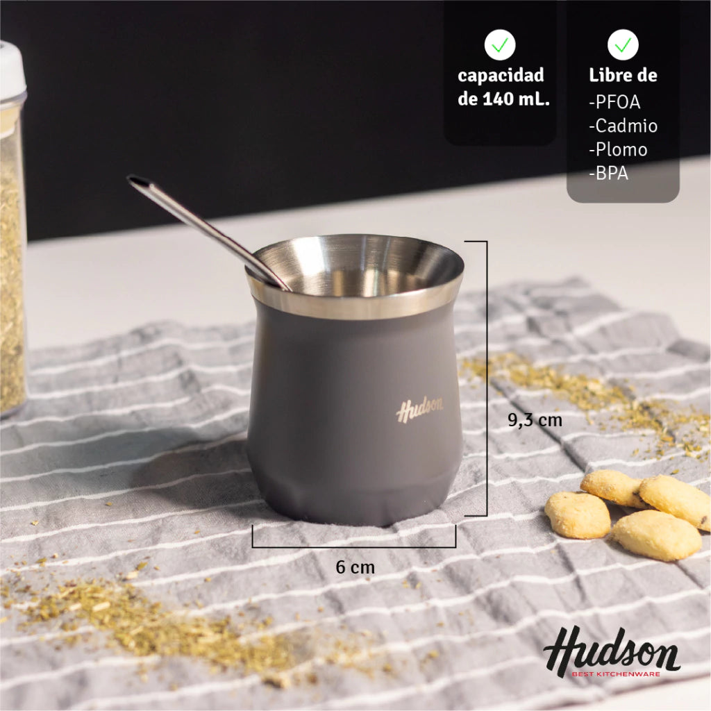 Mate Vaso Gris de Acero Inoxidable de doble pared 140 ml c/ Bombilla