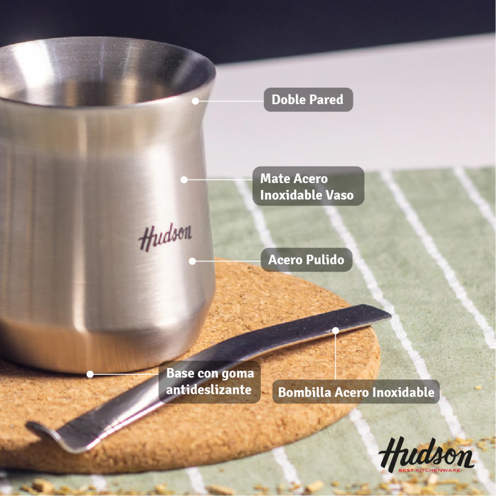 Mate Vaso Pulido de Acero Inoxidable de doble pared 140 ml c/ Bombilla