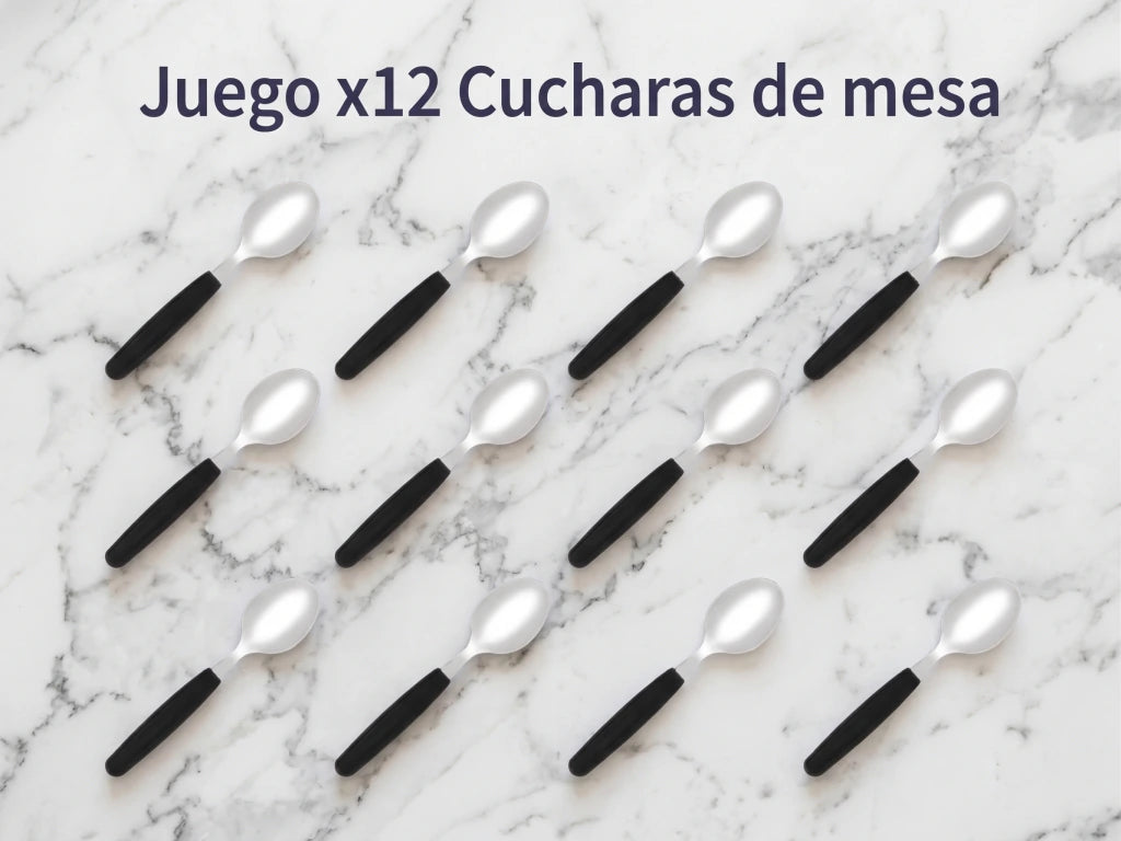 Pack x12 Cucharas Basic de Acero Inoxidable + Mango Negro de Plástico