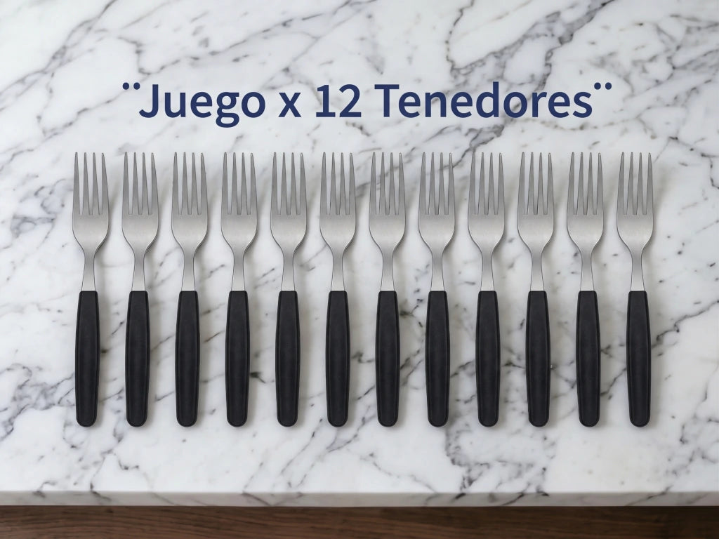 Pack x12 Tenedores Basic de Acero Inoxidable + Mango Negro de Plástico