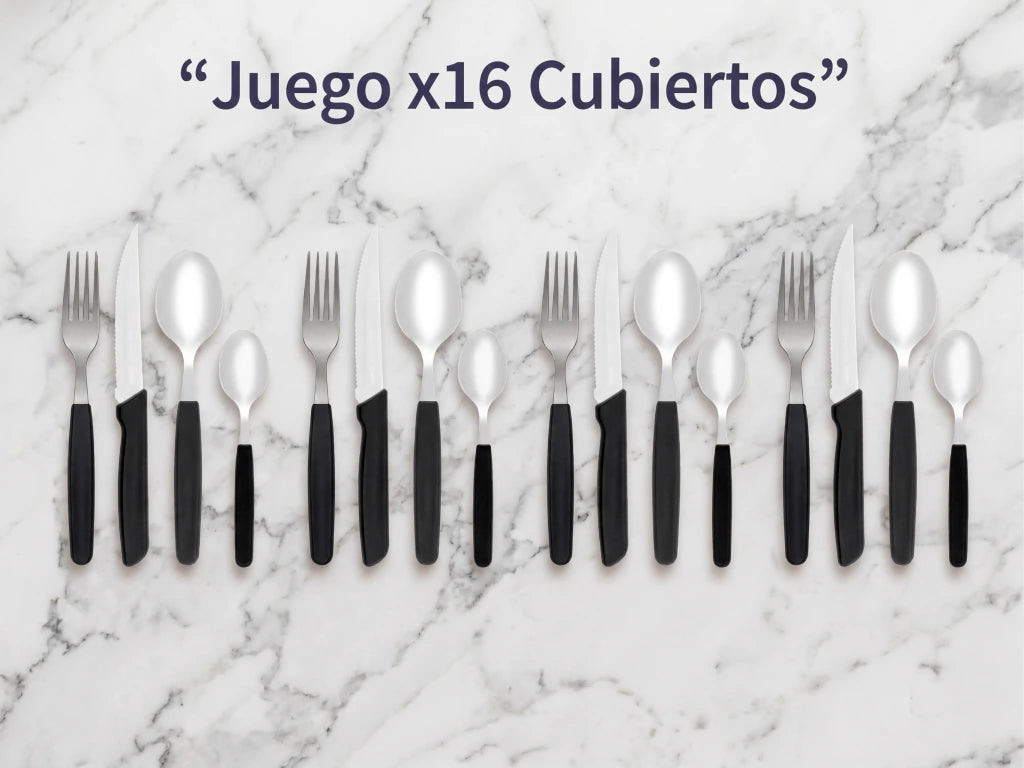 Set x16 Cubiertos Basic de Acero Inoxidable + Mango Negro de Plástico
