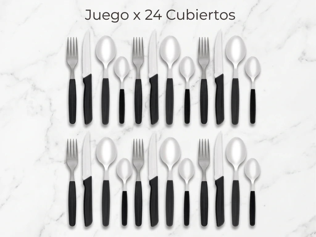 Set x24 Cubiertos Basic de Acero Inoxidable + Mango Negro de Plástico
