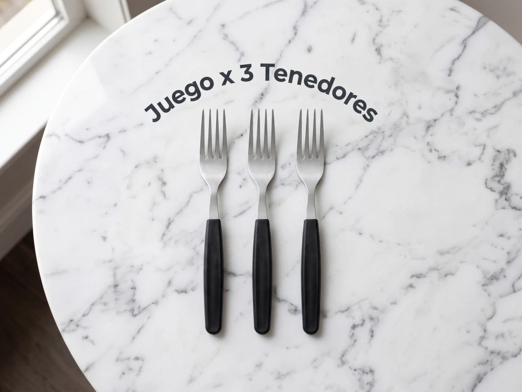 Pack x3 Tenedores Basic de Acero Inoxidable + Mango Negro de Plástico