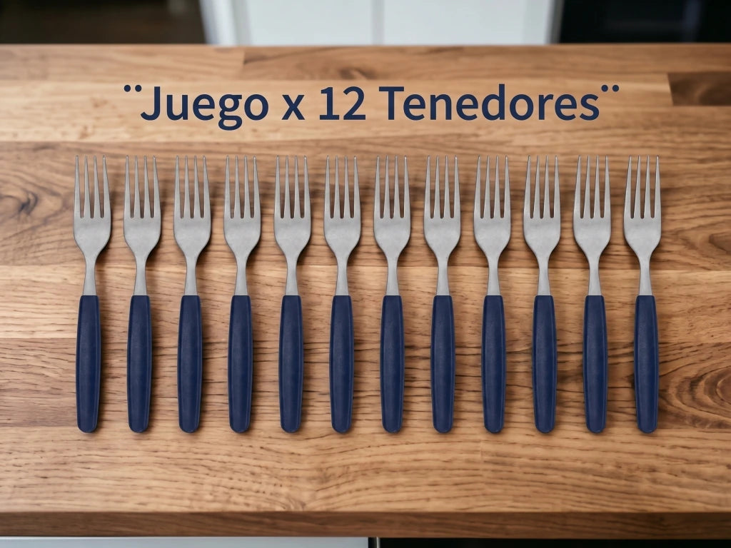 Pack x12 Tenedores de Acero Inoxidable + Mango Azul de Plástico
