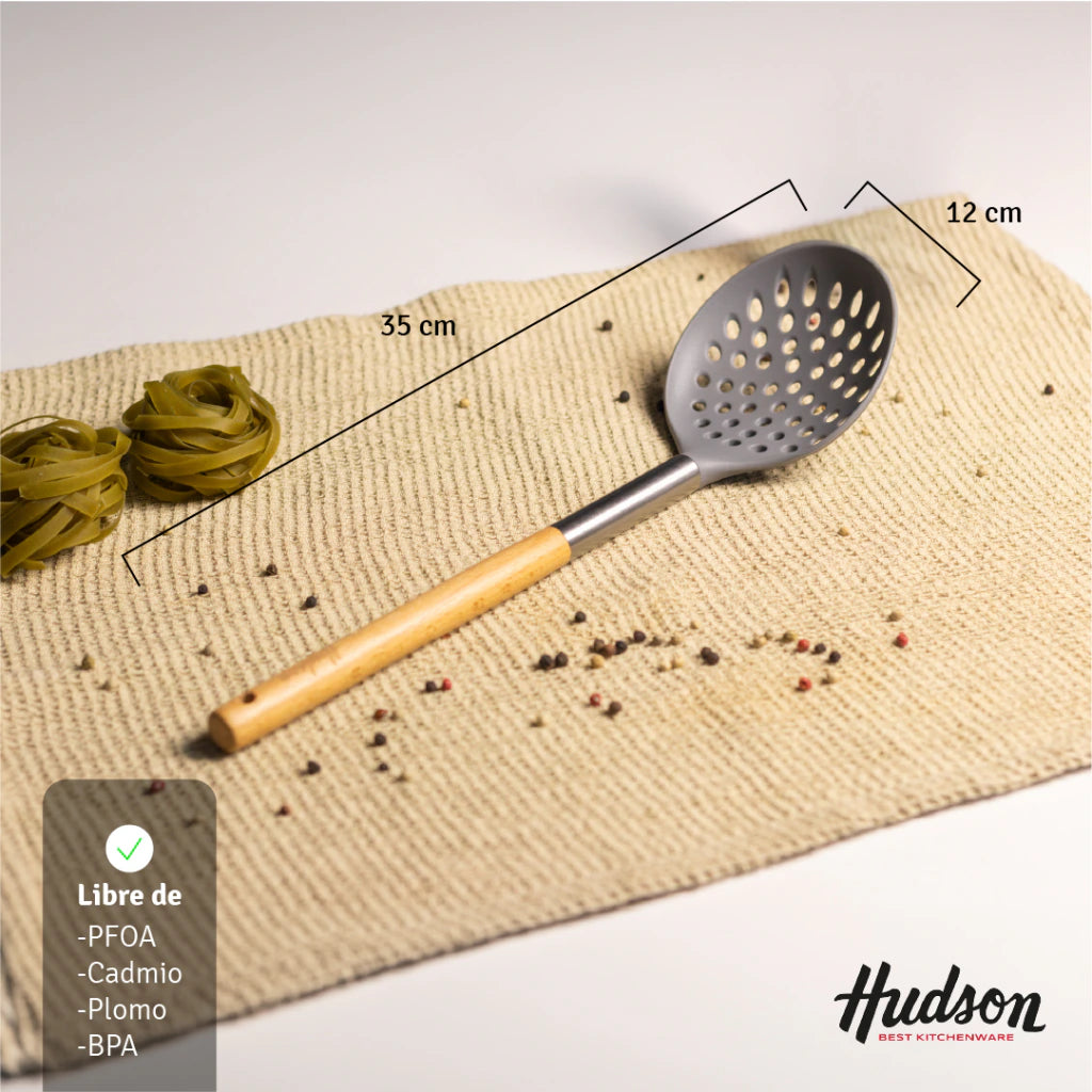 Espumadera de Cocina 35cm c/ Mango De Madera Marrón Claro