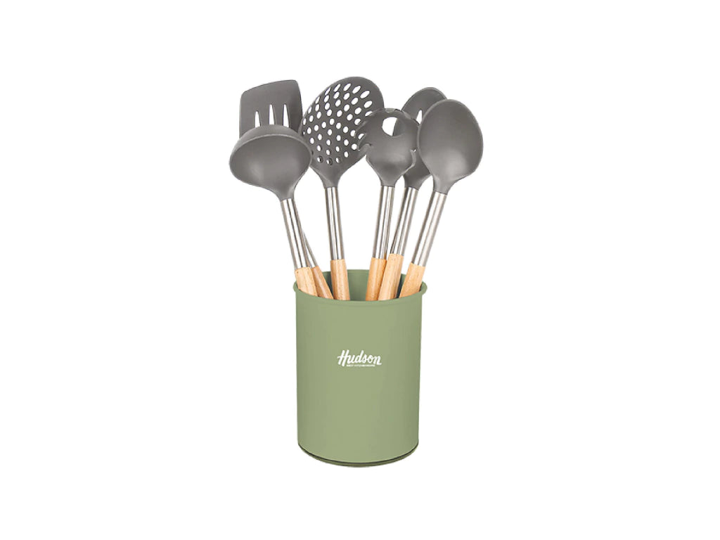 Set De 6 Utensilios De Nylon Con Mango Madera Línea Olive
