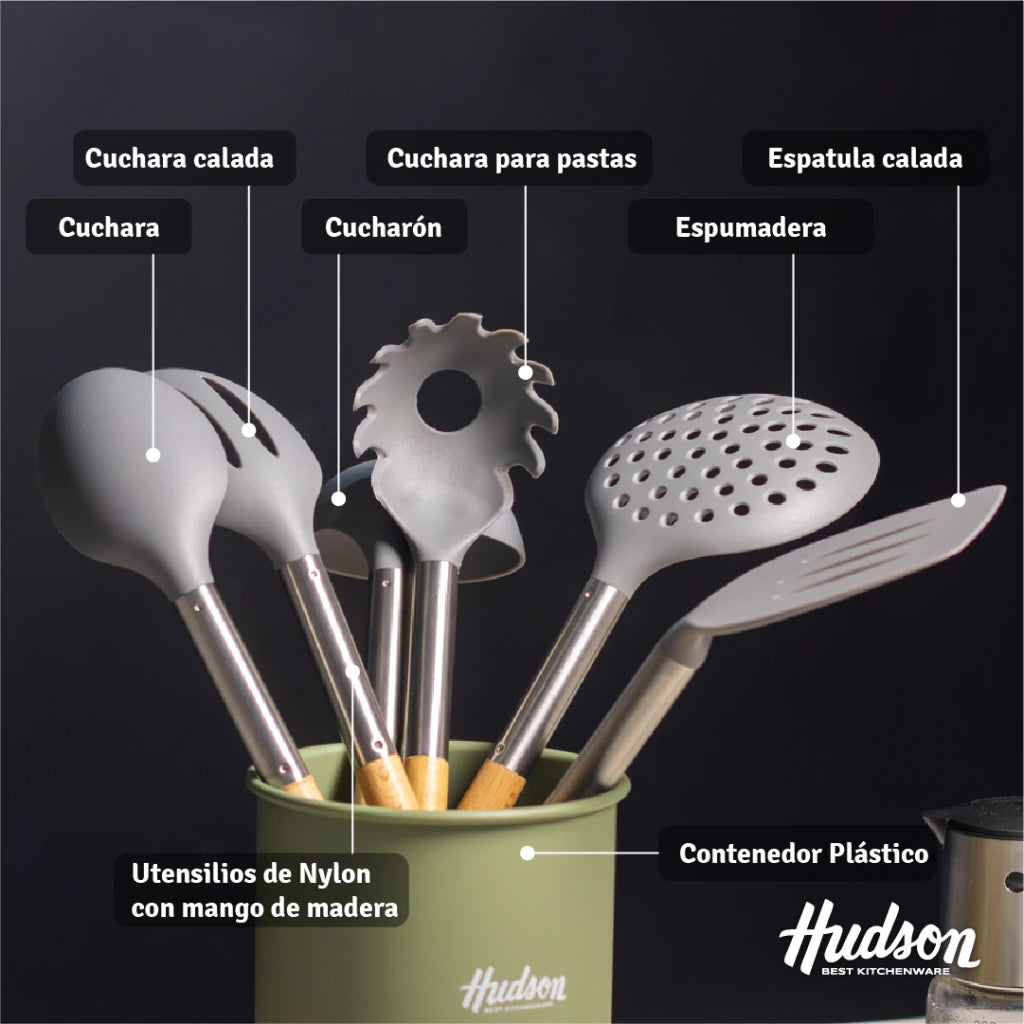 Set De 6 Utensilios De Nylon Con Mango Madera Línea Olive