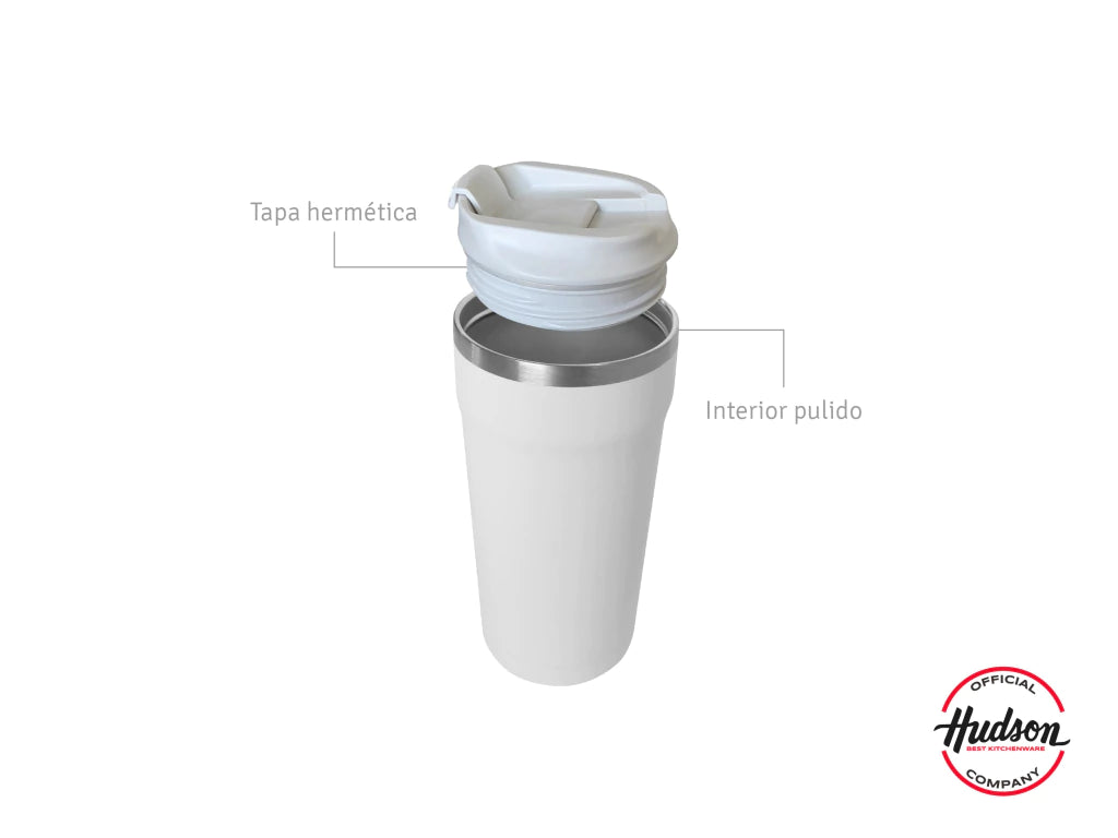 Vaso Café de 470 ml Blanco c/ Pico antiderrame + Interior Pulido + Tapa Hermética