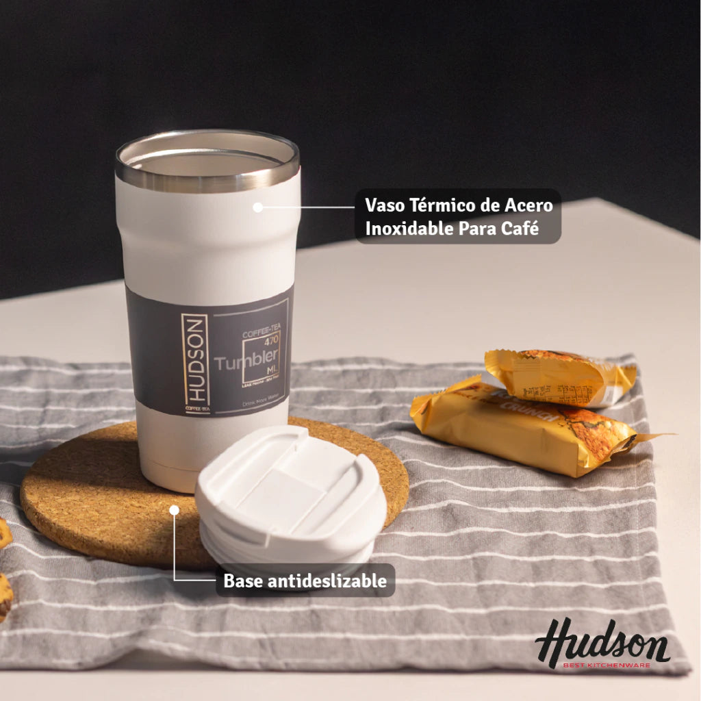 Vaso Café de 470 ml Blanco c/ Pico antiderrame + Interior Pulido + Tapa Hermética