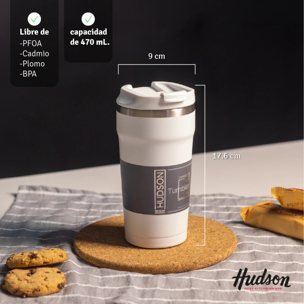 Vaso Café de 470 ml Blanco c/ Pico antiderrame + Interior Pulido + Tapa Hermética