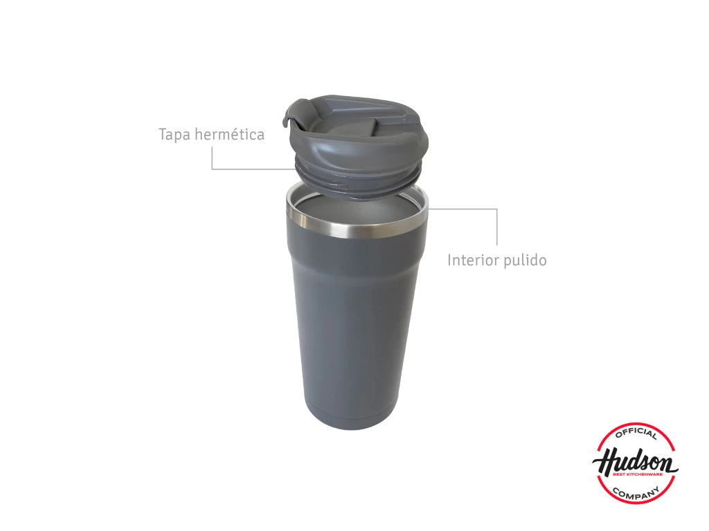 Vaso Café de 470 ml Gris c/ Pico antiderrame + Interior Pulido + Tapa Hermética