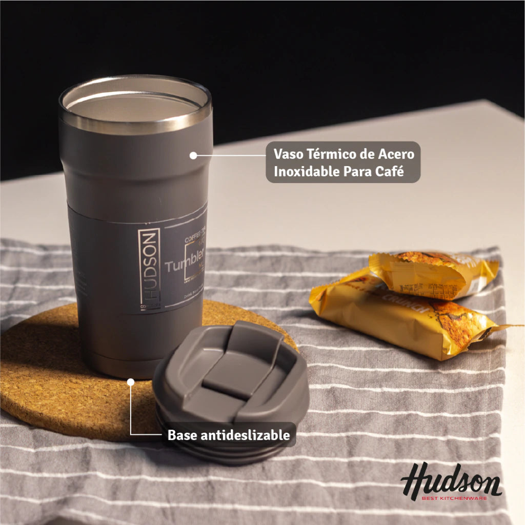 Vaso Café de 470 ml Gris c/ Pico antiderrame + Interior Pulido + Tapa Hermética