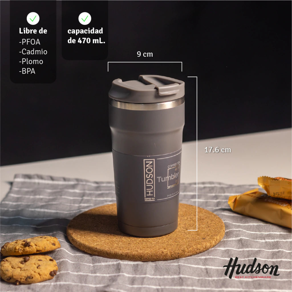 Vaso Café de 470 ml Gris c/ Pico antiderrame + Interior Pulido + Tapa Hermética