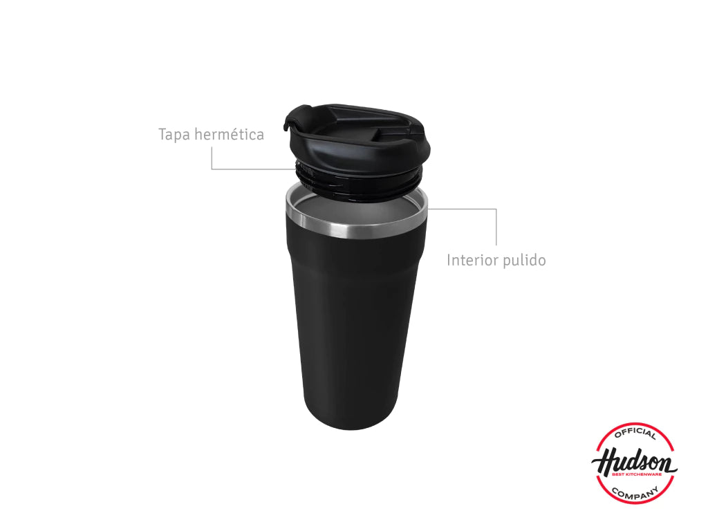 Vaso Café de 470 ml Negro c/ Pico antiderrame + Interior Pulido + Tapa Hermética
