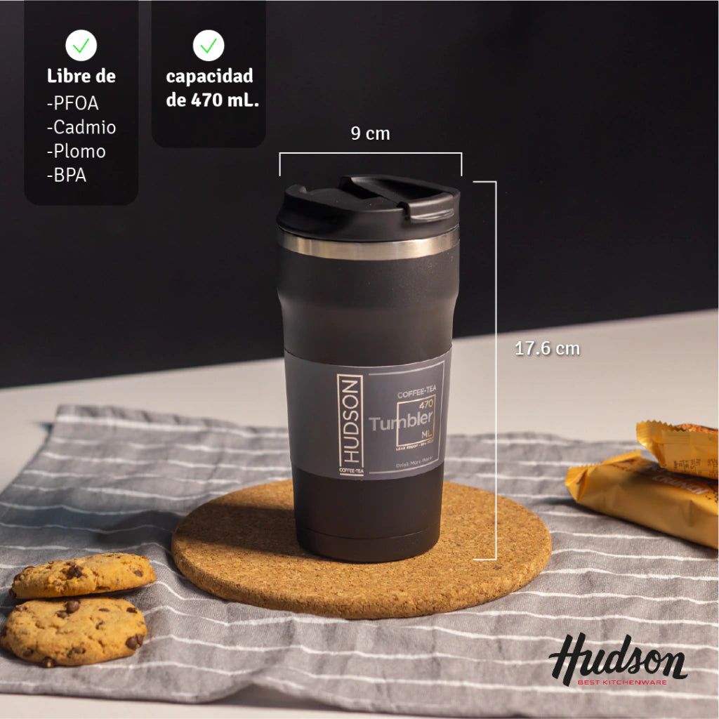 Vaso Café de 470 ml Negro c/ Pico antiderrame + Interior Pulido + Tapa Hermética