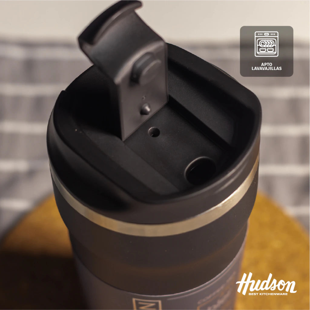 Vaso Café de 470 ml Negro c/ Pico antiderrame + Interior Pulido + Tapa Hermética