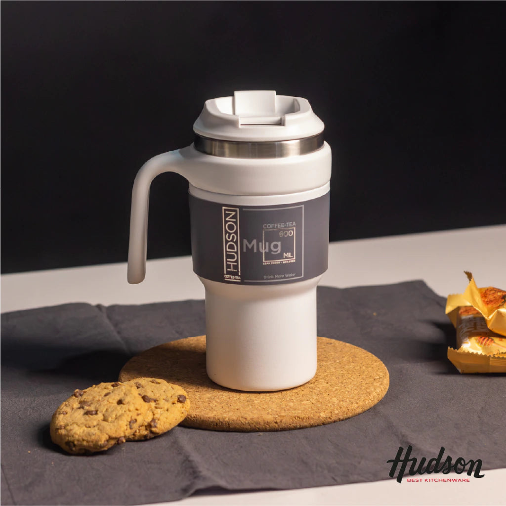 Vaso Blanco de Café de Acero Inoxidable 600 ml c/ Asa Plástica