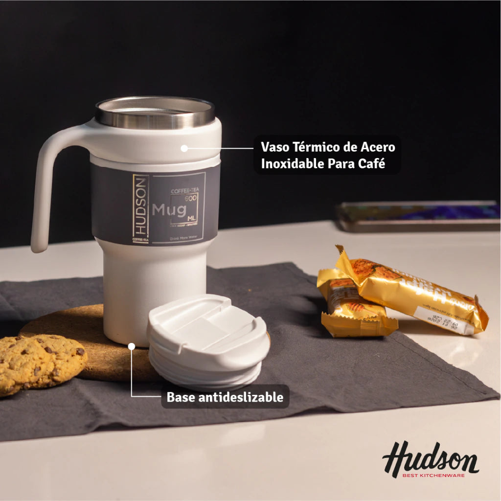 Vaso Blanco de Café de Acero Inoxidable 600 ml c/ Asa Plástica